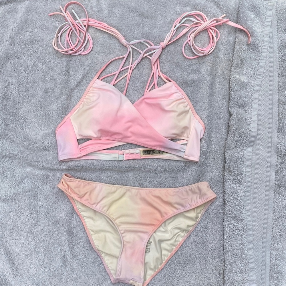 PINK pastel tie dye bikini set with rouched bottoms